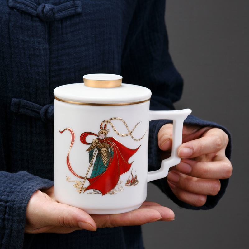Dehua sứ trắng mỡ cừu ngọc băng tách trà cốc văn phòng nung chay có nắp chiến tranh gốm sứ Thánh Phật Ngộ Không tách trà