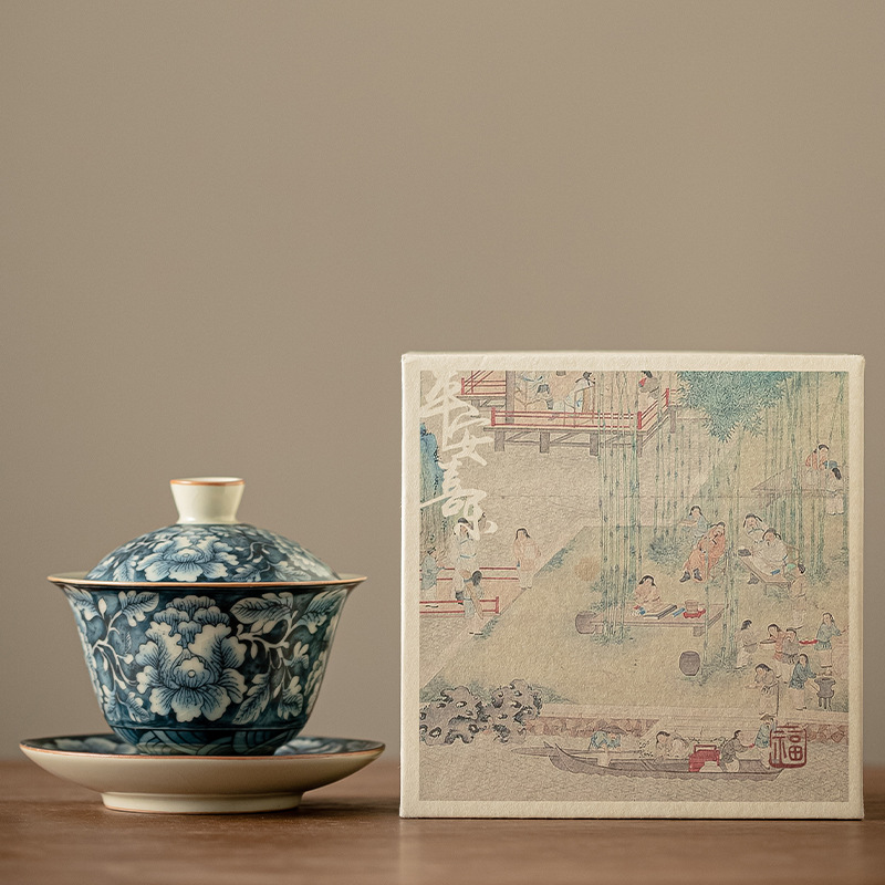 Bát Có Nắp Ba tài hoa trong lò Ru cổ, Bát pha trà gốm sứ có thể nuôi được, hộp quà, Bộ trà Kung Fu Trung Quốc