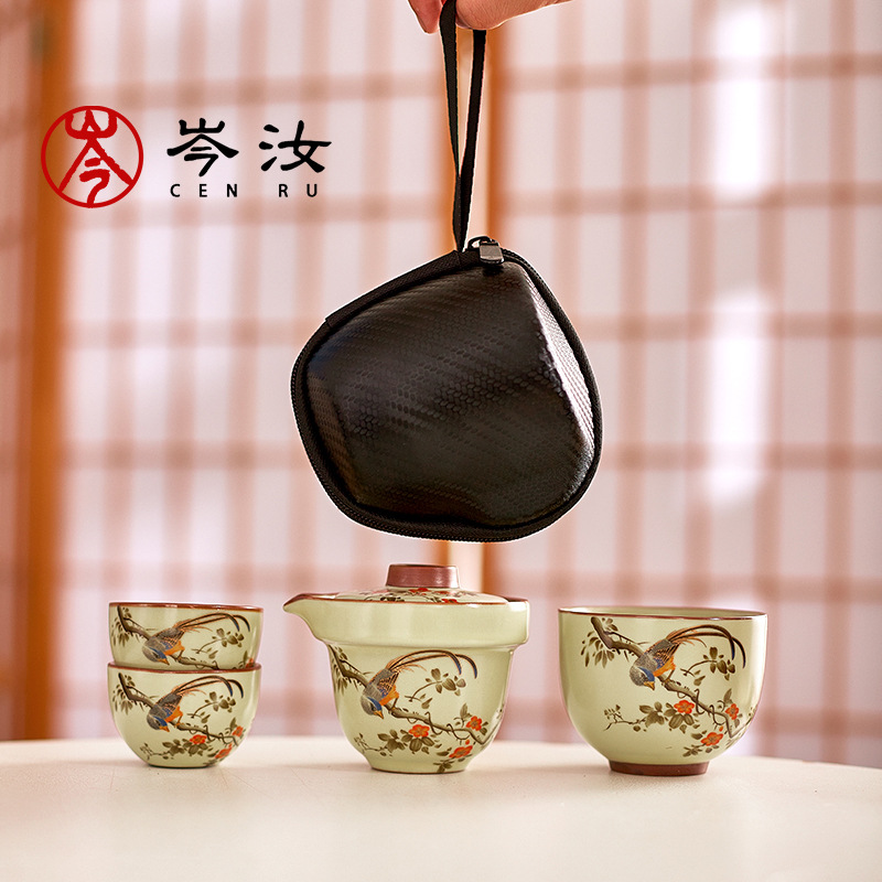 Cen Ruru lò một ấm ba cốc bộ trà du lịch ngoài trời ly nhanh tiện lợi gốm sứ cao cấp