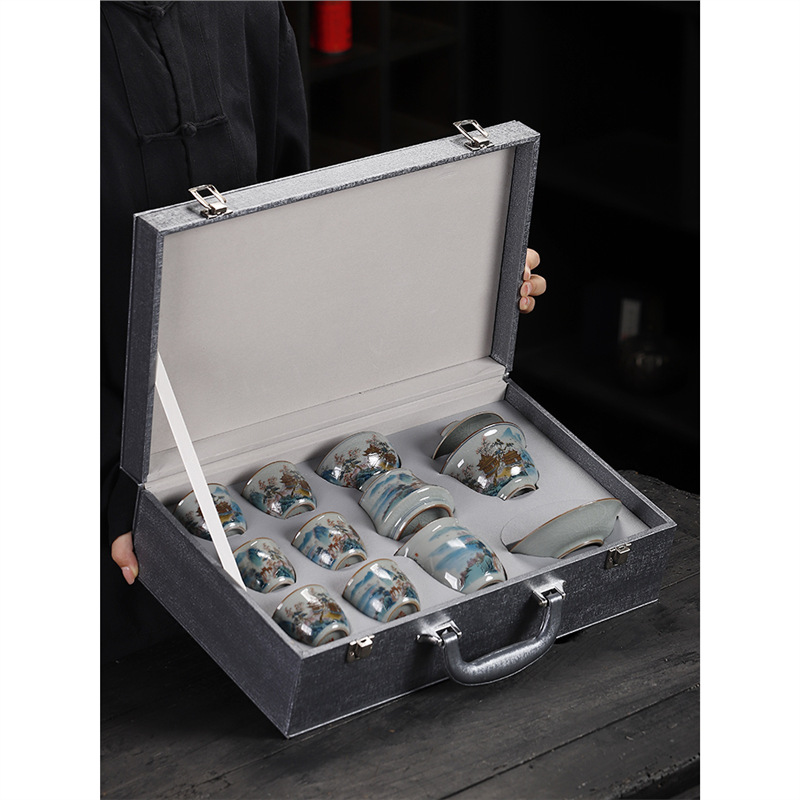 Bộ ấm trà Kung Fu bằng sứ xanh trắng bằng đất sét cũ, bộ ấm trà cao cấp phong cảnh mở kiểu Trung Quốc, bán buôn cốc trà gia dụng