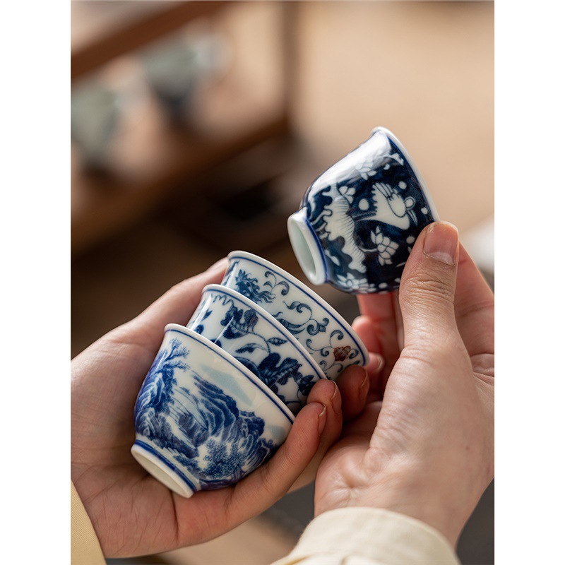 Phong cảnh tráng men màu Pu'er cốc chủ nhân cốc đơn cốc trà gốm sứ cao cấp thủ công vẽ tay sứ trắng xanh đầy màu sắc