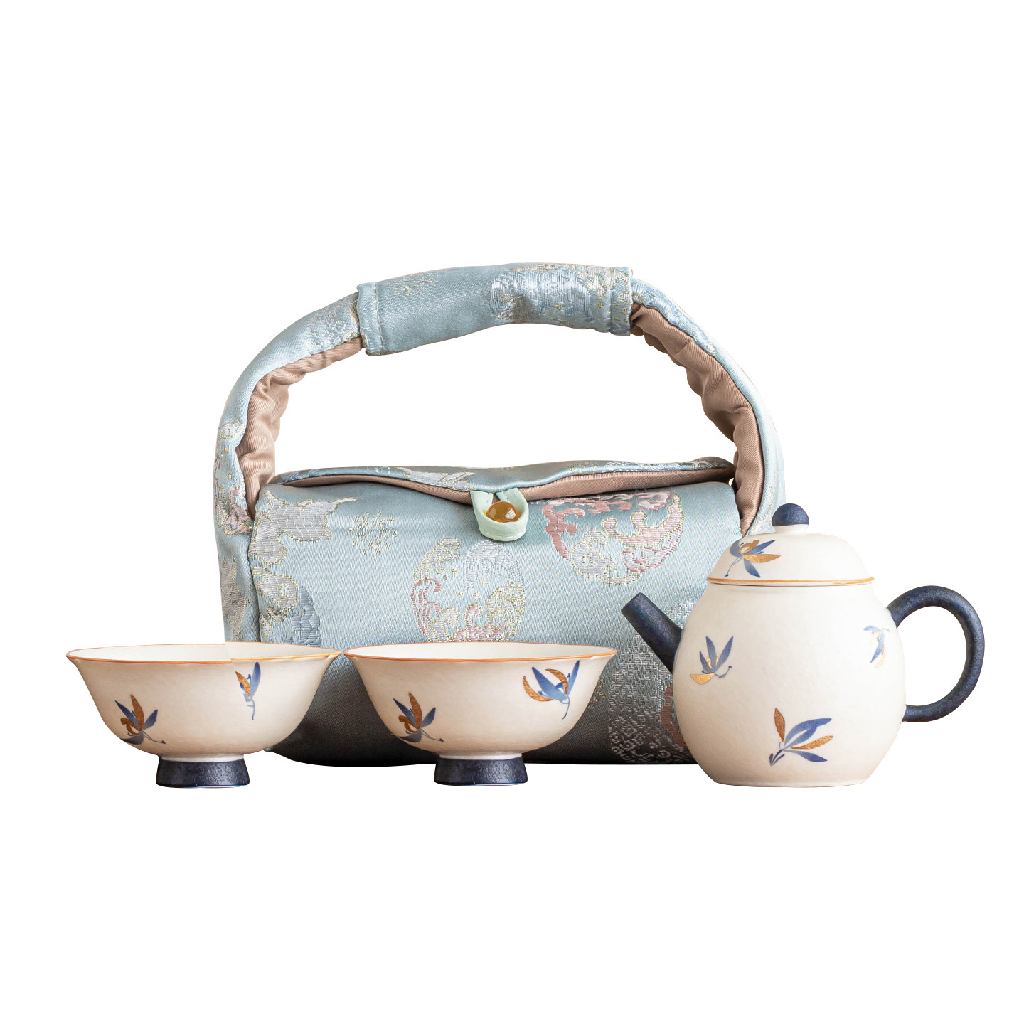 Bình hoa lan hồ điệp vàng hình quả lê trong mỏ đá, bộ đồ gốm sứ đặc biệt cho trà, một bình và hai cốc, bộ trà Kung Fu cầm tay