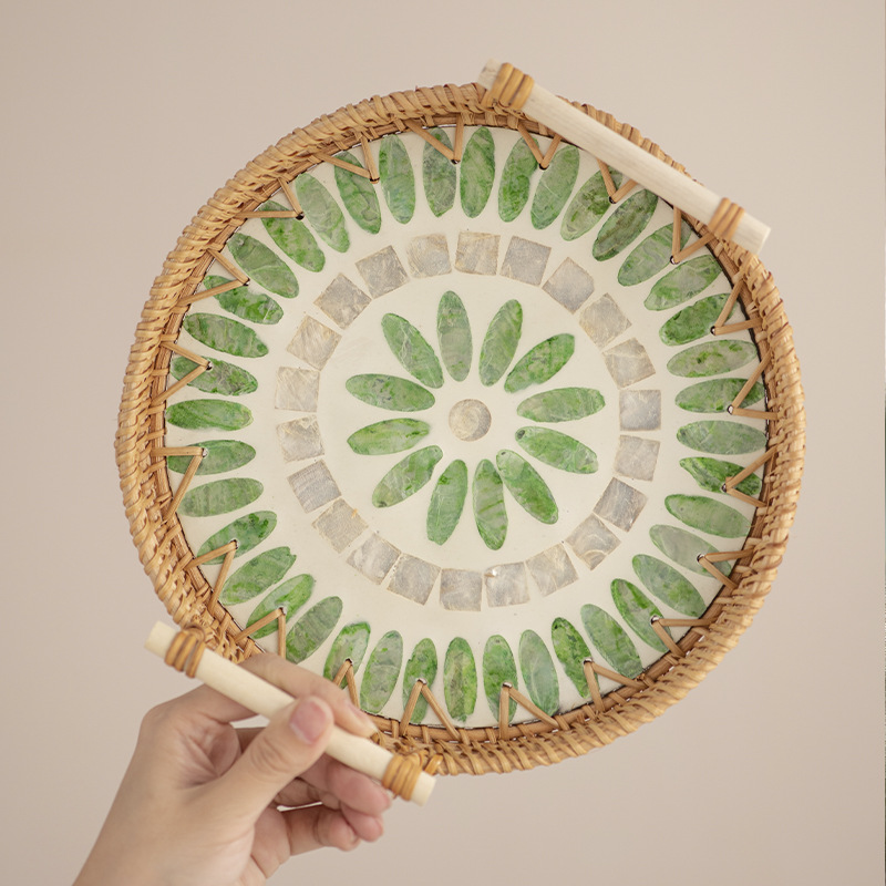 Khay mây Việt Nam, khay đựng trái cây vỏ sò, giỏ ăn sáng dệt kiểu Scandinavian, giỏ bánh mì tre, giỏ đựng đồ ăn nhẹ sáng tạo