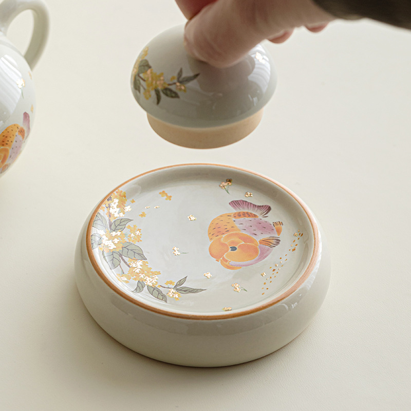 Ấm trà hình tròn có nắp đựng cá osmanthus màu xám thực vật phong cách dân tộc, cốc trà, đệm cách nhiệt, phụ kiện bộ trà Kung Fu gốm sứ gia dụng
