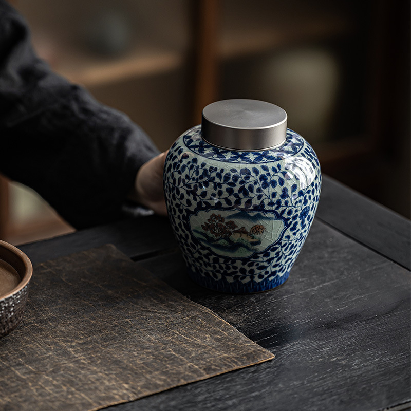 Hộp đựng trà bằng gốm sứ dùng trong gia đình HYT32659, hộp đựng trà Phổ Nhĩ, bình Ruyi dạng ống thẳng để bảo quản trà
