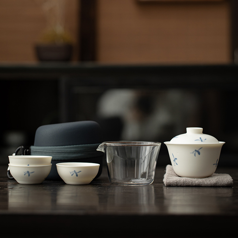 Vẽ tay phong lan nắp chén trà bộ trà du lịch bộ nhỏ pha trà ngoài trời di động gốm sứ nhanh ly quà lưu niệm