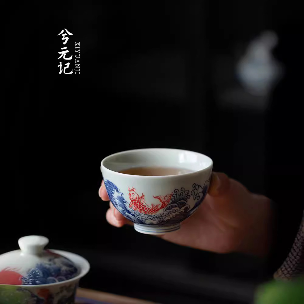 Bộ ấm chén sứ xanh trắng, một ấm hai chén, bộ trà du lịch, chén trà di động, pha trà, phong cách cắm trại ngoài trời