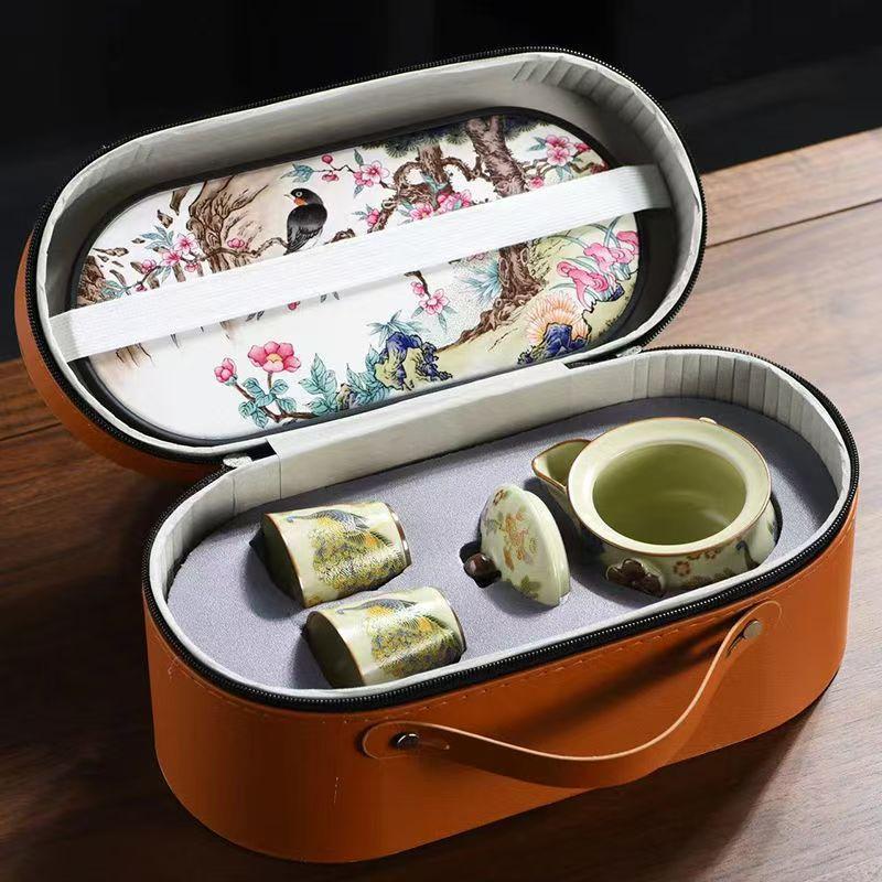 Ấm pha trà, ấm công, ấm cầm tay lò Ru, chén trà nắp bát, bộ trà kungfu du lịch gia dụng cao cấp chống bỏng, gốm sứ