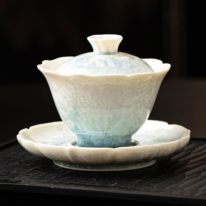 Bát có nắp tráng men pha lê cao cấp, cốc trà, bát pha trà miệng hoa hướng dương xanh hồ, bộ trà lớn không nóng, giá trị cao, chống bỏng đơn