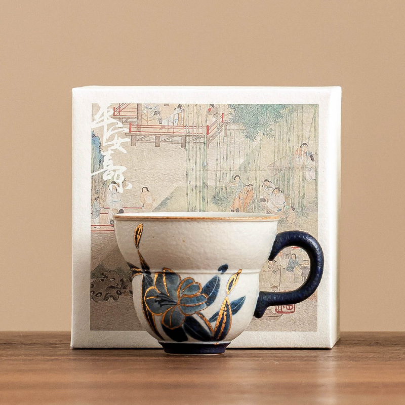 Cốc trà gốm sứ đá lửa trắng xanh, cốc bầu hoa huệ vẽ tay, cốc trà Kung Fu, cốc chủ bộ trà, cốc đơn