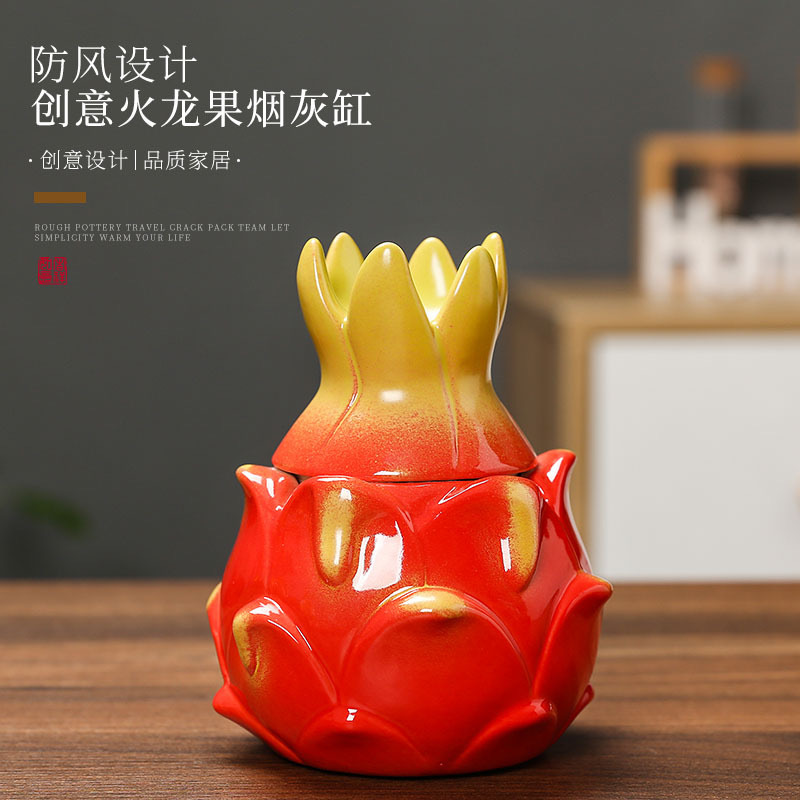 Gạt tàn gốm hình quả rồng có nắp, chống tro bay, trái cây gia dụng sáng tạo mô phỏng thời trang để bàn trang trí lọ đựng