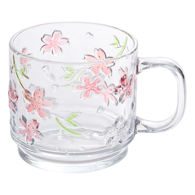 Ly thủy tinh trong suốt in hoa anh đào dâu tây dành cho nữ, ly nước cao cấp, mẫu mới 2025, ly uống cà phê sữa ăn sáng gia đình