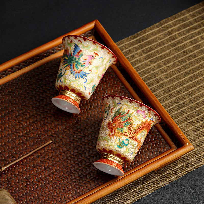 Cốc trà rồng phượng màu men cốc chủ nhân cốc trà gốm sứ mạ vàng chén trà chén trà bát trà cặp trà quà lưu niệm cao cấp