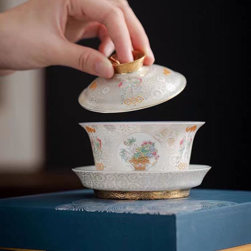 Bát tam tài có nắp bằng bạc, cốc trà sứ cao cấp, bộ trà cổ điển tráng men đầy màu sắc, bát trà, hộp quà đơn