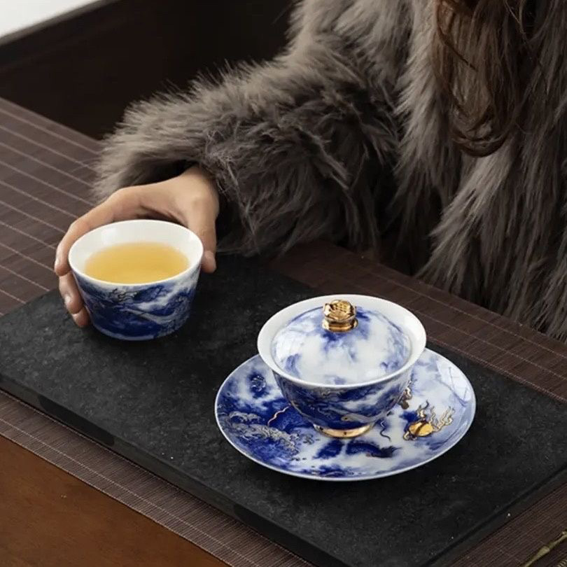 Huang Xudong màu phấn vẽ tay màu xanh sapphire họa tiết rồng phủ bát handmade gốm trà trà phủ bát quà tặng lưu niệm