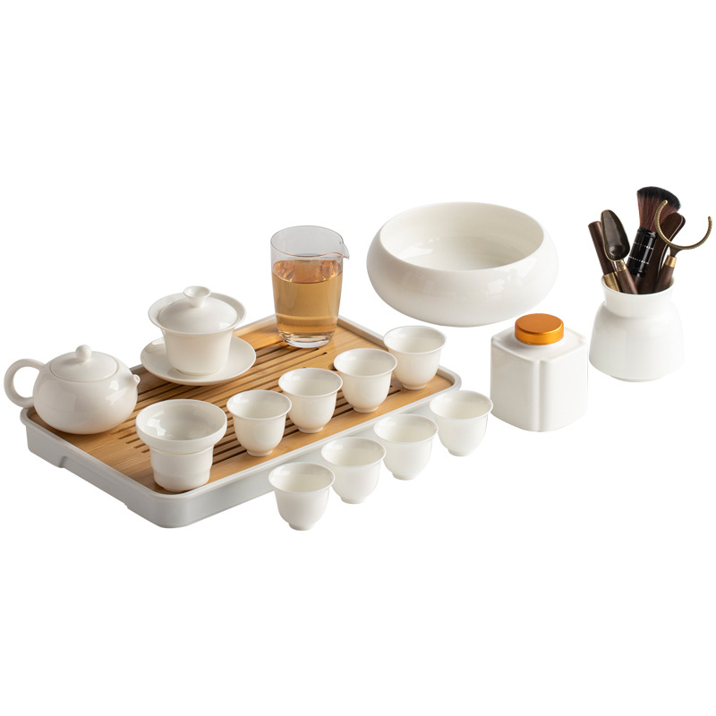 Bộ ấm trà sứ trắng ngọc bích Đức Hoa ấm trà gia dụng có nắp chén trà khay trà trọn bộ dụng cụ trà Kung Fu