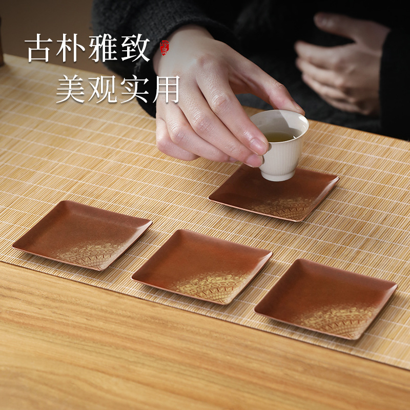 Lót cốc trà gia dụng màu đồng cổ điển kiểu giữa Đại An Đường, khay trà hình vuông, khay cách nhiệt trơn, phụ kiện Bộ trà