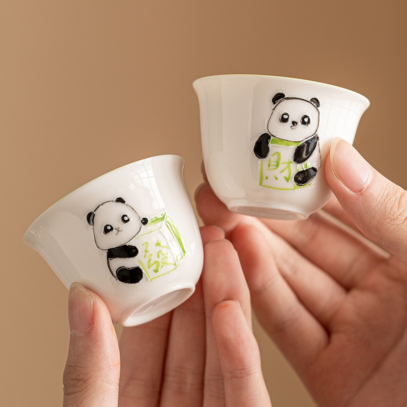 Panda Fa Cai vẽ tay đống chạm khắc cốc trà cốc đơn Đức Hoa sứ trắng Kung Fu cốc chủ nhân cốc trà phong cách Trung Quốc