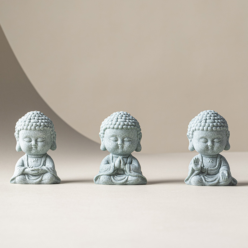 Đồ trang trí nhỏ ba vị Phật và thiền bằng đá xanh