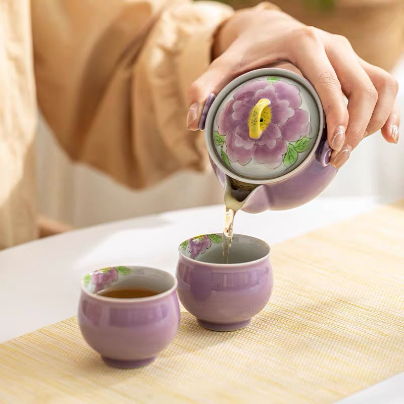 Bộ trà Kung Fu hoa mẫu đơn tím vẽ tay thực vật màu xám men màu một bình hai cốc bộ đồ du lịch gốm sứ gia dụng