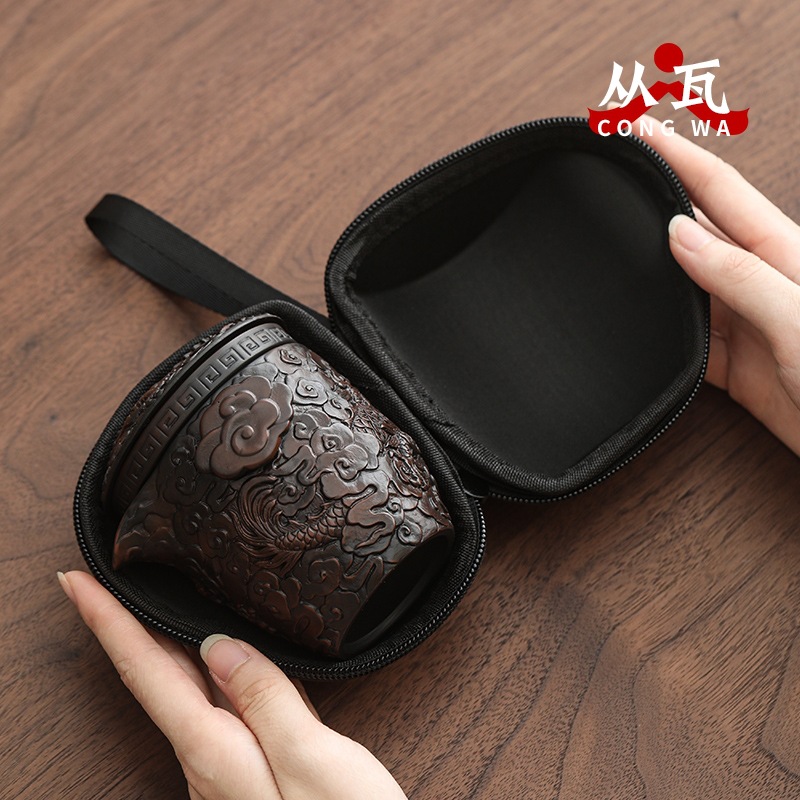Bộ trà du lịch chạm khắc gốm tím thủ công, bát nắp di động, cốc khách nhanh, bộ trà một người, cốc trà du lịch ngoài trời
