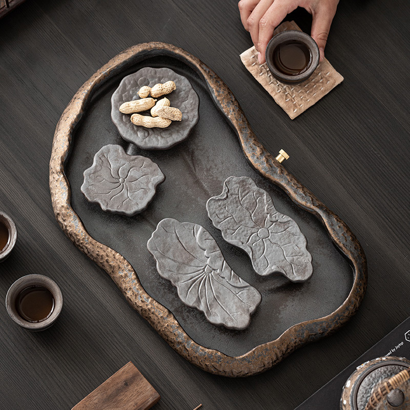 Khay Trà lá sen kiểu Trung Quốc phòng khách gia dụng bàn trà cổ điển gốm sứ nhỏ bàn pha khô khay pha trà kiểu trữ nước thoát nước