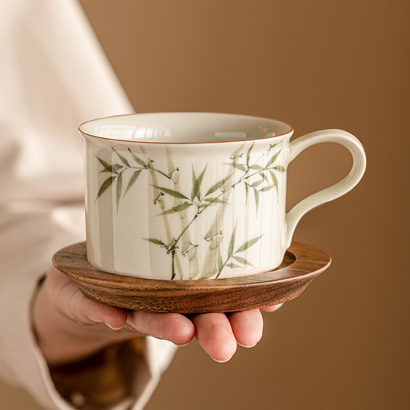 Cốc cà phê bằng tre vẽ tay Cốc gốm sứ tinh tế Cốc trà chiều kiểu Trung Quốc mới Cốc nước Cốc latte văn phòng gia dụng