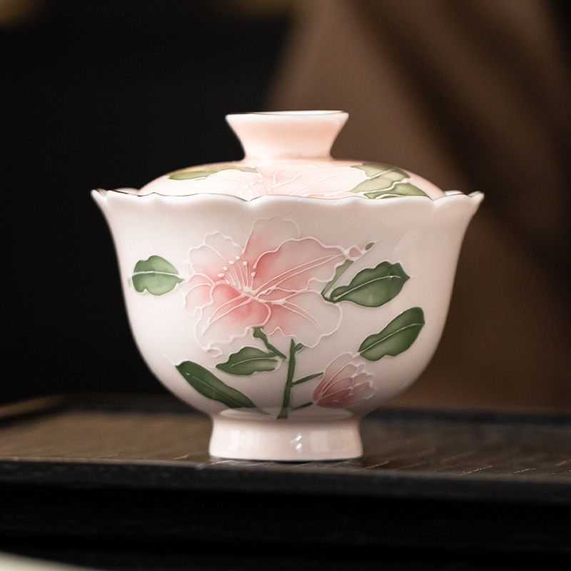 Bát trà cá nhân họa tiết hoa huệ hồng chạm khắc thủ công, dành cho nữ, bộ ấm trà gia dụng tinh tế có nắp
