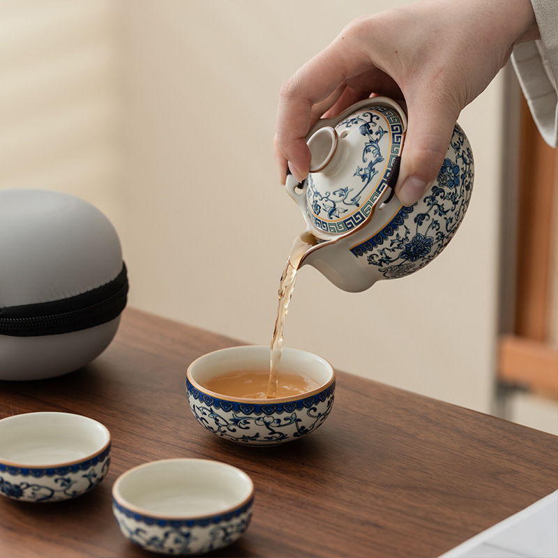 Bộ trà du lịch lò Ru màu be trắng xanh một ấm ba cốc gốm sứ cốc pha trà cốc pha trà ngoài trời bát trà có nắp