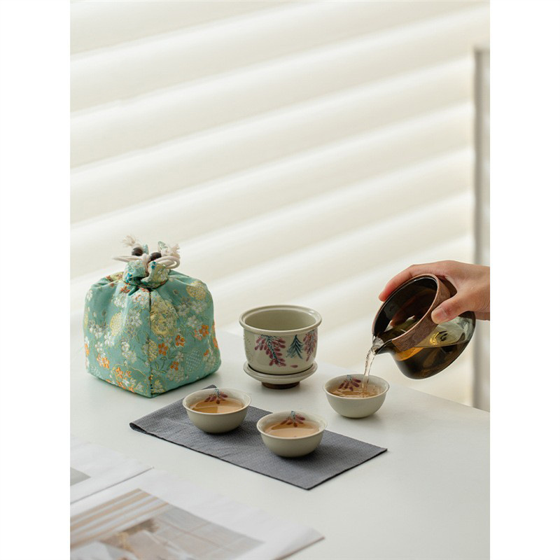 Vẽ tay hoa tử đằng, thực vật, màu xám, cốc khách nhanh, bộ trà du lịch gốm sứ, bộ trà di động ngoài trời, một bình ba cốc