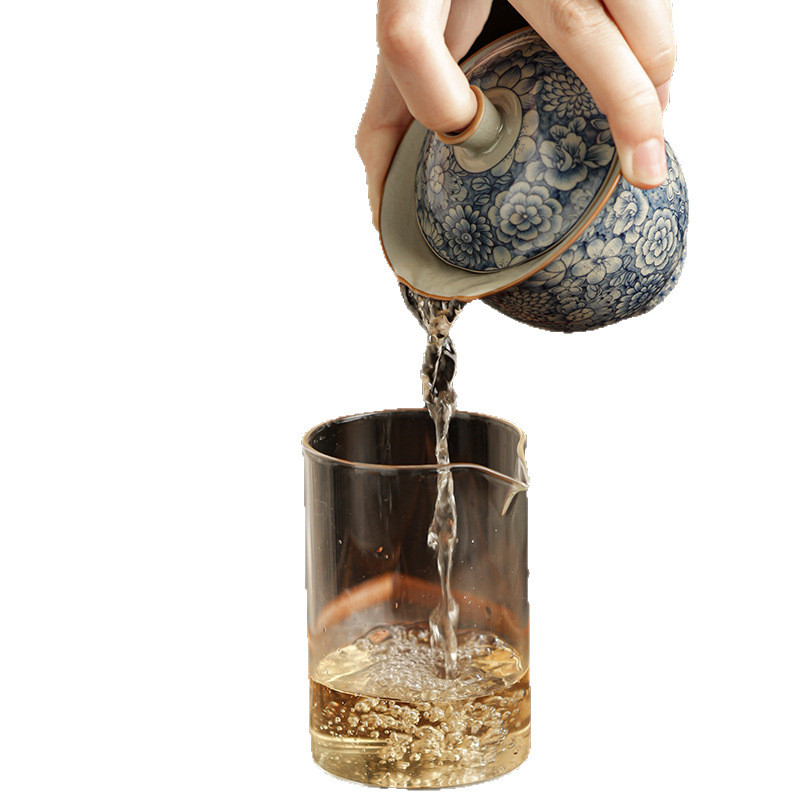 Bát trà nắp tam tài màu xanh trắng không nóng tay bộ trà kungfu gốm sứ cũ bát pha trà gốm sứ gia dụng cao cấp đơn