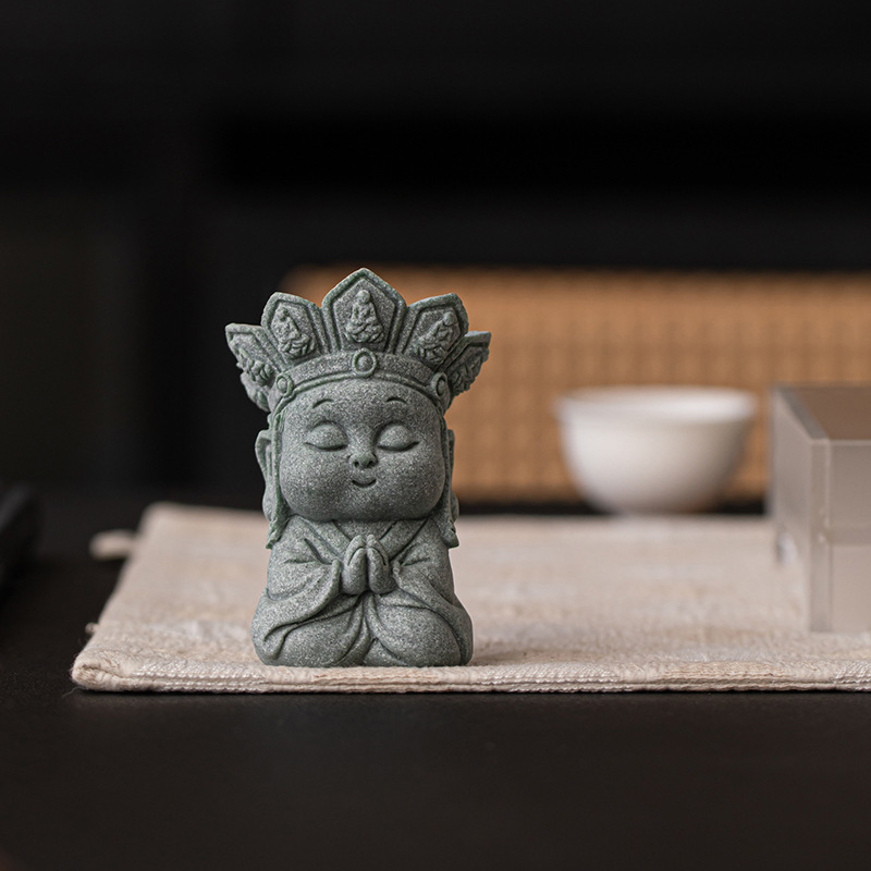 Đá sa thạch xanh im lặng Phật trà thú cưng đồ trang trí để bàn trang trí Thiền Trung Quốc phụ kiện trang trí nội thất thủ công bộ trà phụ kiện