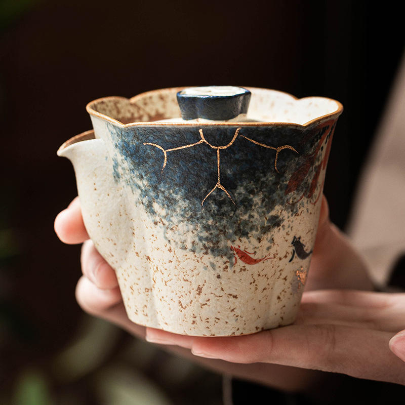 Ấm trà gốm sứ đỏ đá lửa xanh trắng ấm cầm tay miệng hoa cá chép vàng vẽ tay ấm trà đơn trà cổ điển Trung Quốc