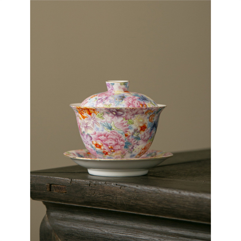 Bát trà cốc trà tam tài vạn hoa bộ trà công phu phong cách Trung Quốc bộ trà bát trà tráng men màu cao cấp gia dụng