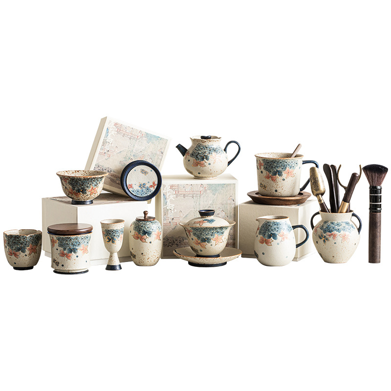 Bộ trà sản phẩm duy nhất Ấm trà hoa cẩm tú cầu màu xanh và trắng bằng đá lửa đỏ có nắp bát cốc công bằng cốc cốc chủ sở hữu cốc cốc lót ly