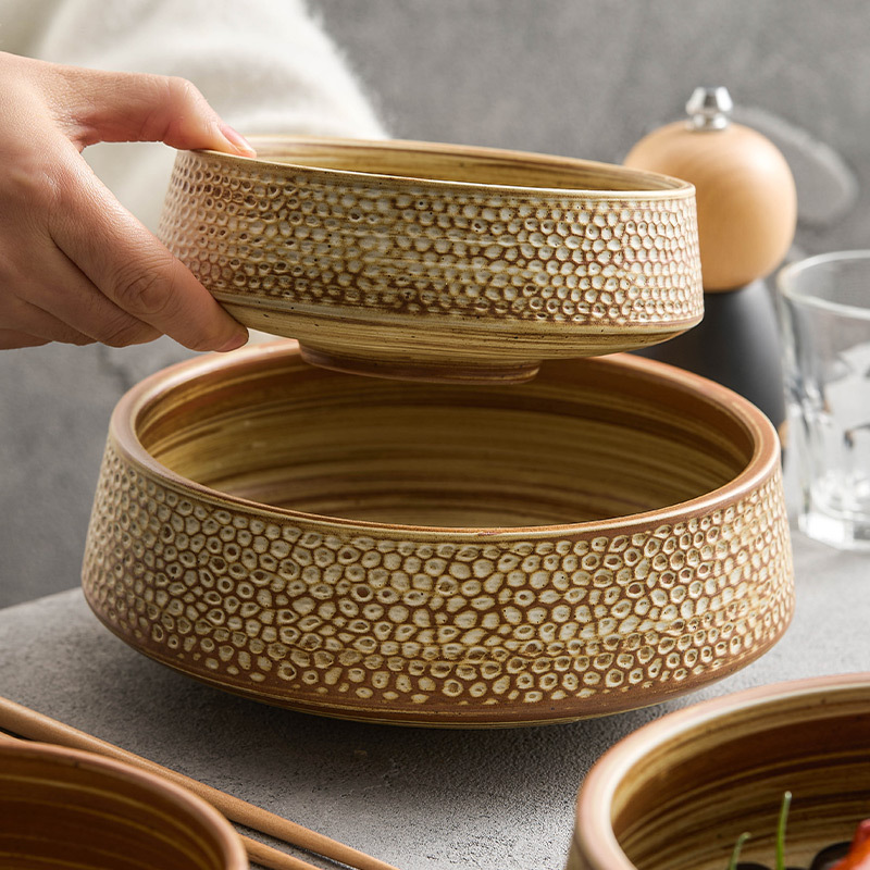 Đĩa ăn gốm thô bát canh cao cấp, đĩa mì ống sâu gia dụng, bát đĩa cổ điển, đĩa bày món ăn nghệ thuật, bộ đồ ăn khách sạn