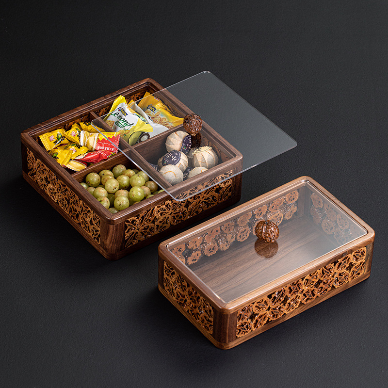 Đĩa trái cây có ngăn bằng Gỗ Óc Chó Đĩa trái cây tre Đĩa trái cây ăn vặt Hộp đựng đồ kẹo Đĩa trái cây khô Có Nắp Hộp đựng đồ Bộ trà