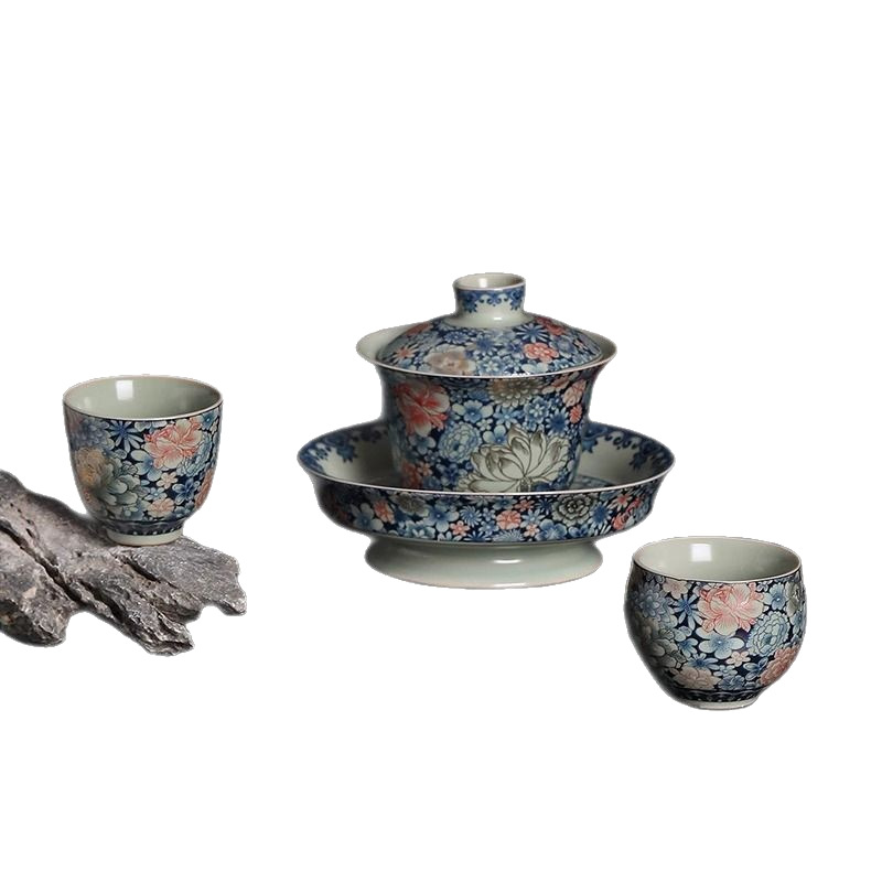 Lò nung Tianqingru mở lát trăm hoa gốm sứ trắng xanh bát có nắp ba tài dụng cụ pha trà Kung Fu bát pha trà đơn gia dụng
