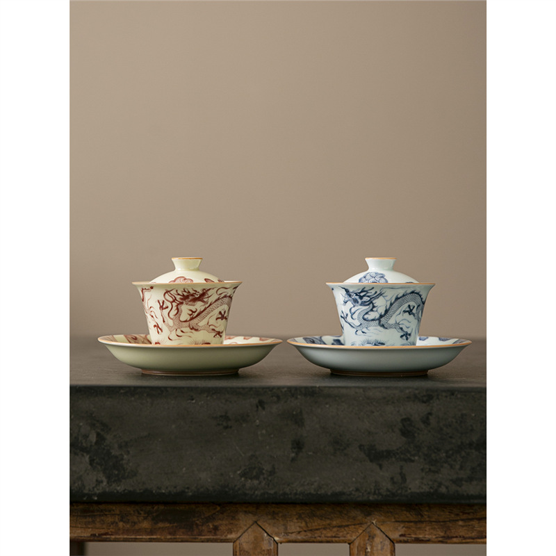 Đồ sứ trắng xanh màu đỏ mặc đồ mây rồng cốc trà bát pha trà Kung Fu gia dụng kiểu Trung Quốc cổ điển bộ trà nhỏ bán buôn