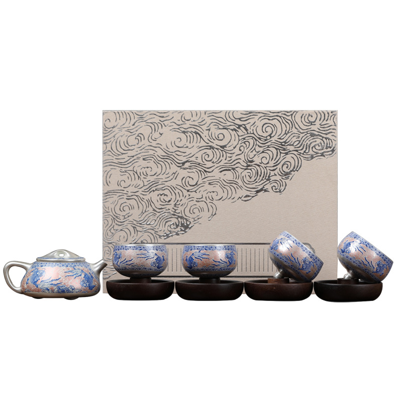 Ấm trà mạ bạc cao cấp, cốc khách nhanh, một ấm bốn cốc, bộ trà du lịch Trung Quốc sang trọng nhẹ, hộp quà trà quay bằng gốm sứ