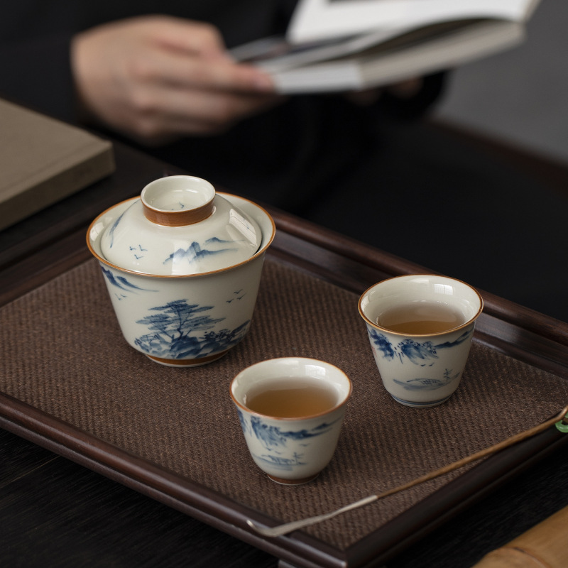 Ba báu Gaiwan vẽ tay với tro cỏ, Bát trà đơn dùng trong gia đình, Tách trà cao cấp, Bộ trà Kung Fu, Bát trà bằng gốm.