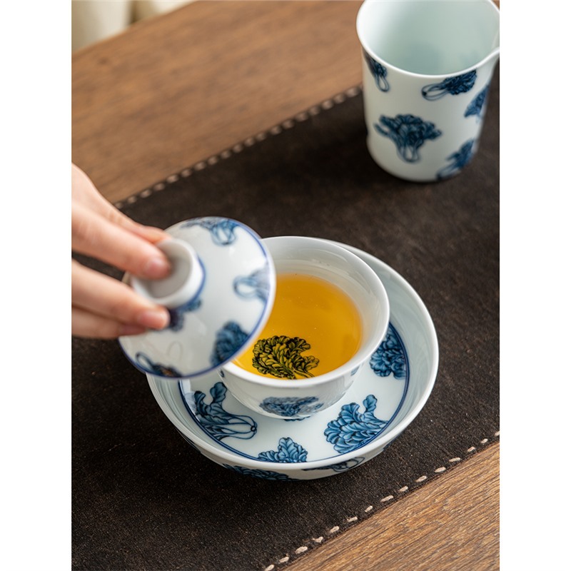 Gốm sứ màu xanh và trắng lò củi bọc cành sen tráng men màu ấm trà lót bàn ủ khô vẽ tay cao cấp lót nồi nắp khay bát