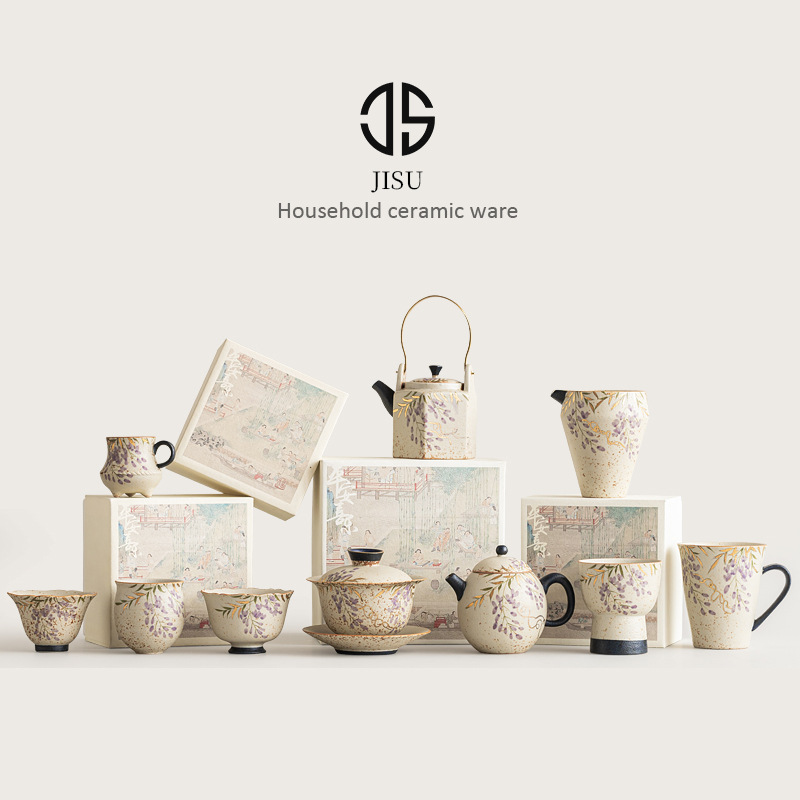 Màu xanh và trắng đá lửa bát có nắp đỏ ấm trà biển trà cốc cốc cốc trà cốc vẽ tay hoa tử đằng vẽ tay bộ sưu tập sản phẩm đơn