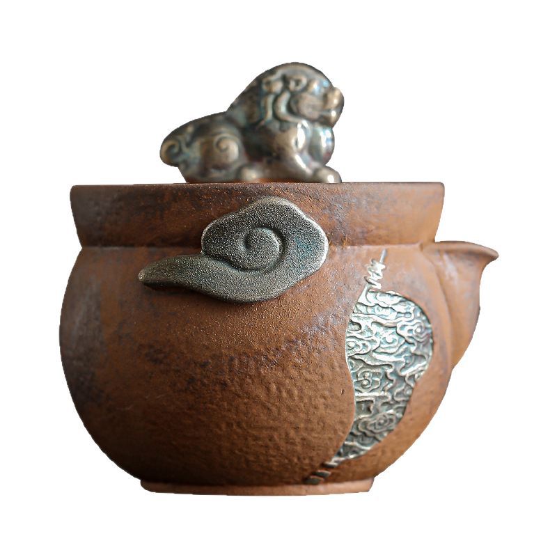 Ấm đánh thức sư tử bằng bùn đá cũ mạ bạc đám mây tốt lành ấm cầm tay cổ điển gia dụng bộ trà thủ công chuyên dụng pha trà