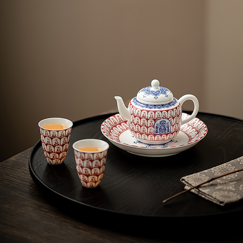 Bộ ấm trà một ấm hai cốc Đôn Hoàng Ngàn Phật Đồ pha trà gia dụng văn hóa và sáng tạo gốm sứ Trung Quốc Ấm trà cốc trà hộp quà