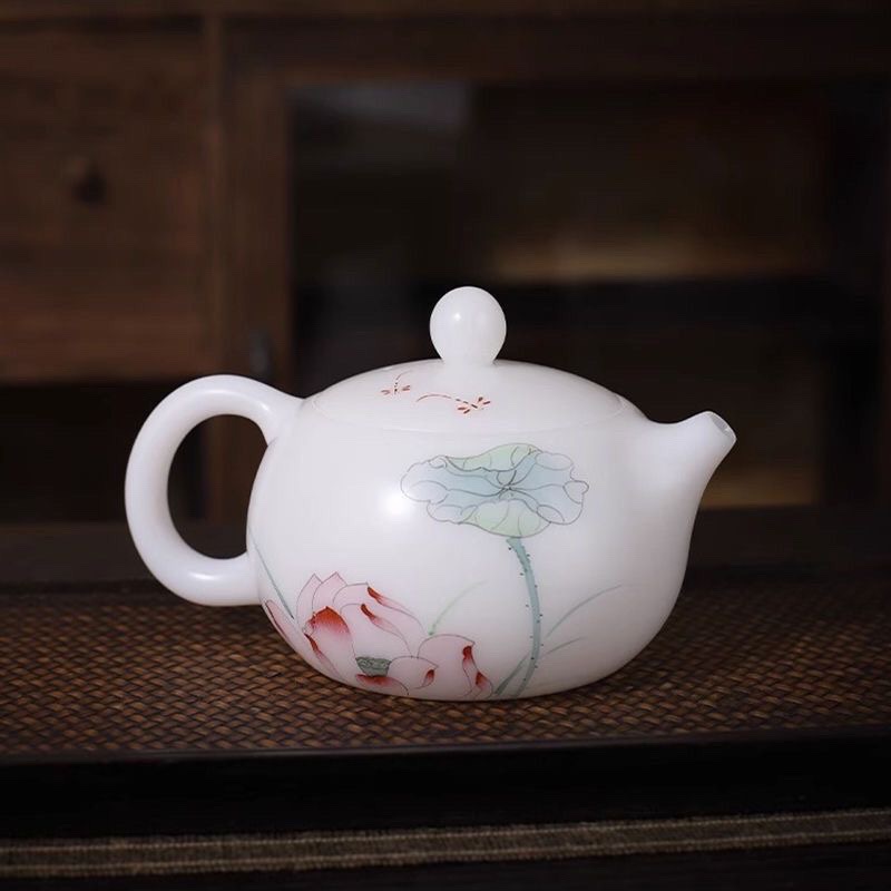 Ấm trà nhỏ vẽ tay ấm trà đá mỡ cừu ngọc gốm nung trơn Xi Shi 200ml Guo Zhibao ấm trà gốm sứ thủ công