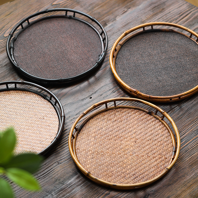 Khay chiếu đan tre trúc làm thủ công khay đựng trà hình tròn khay đựng trà bàn pha khô Khay trà Phong bàn trà chiếu trà không pha trà đạo