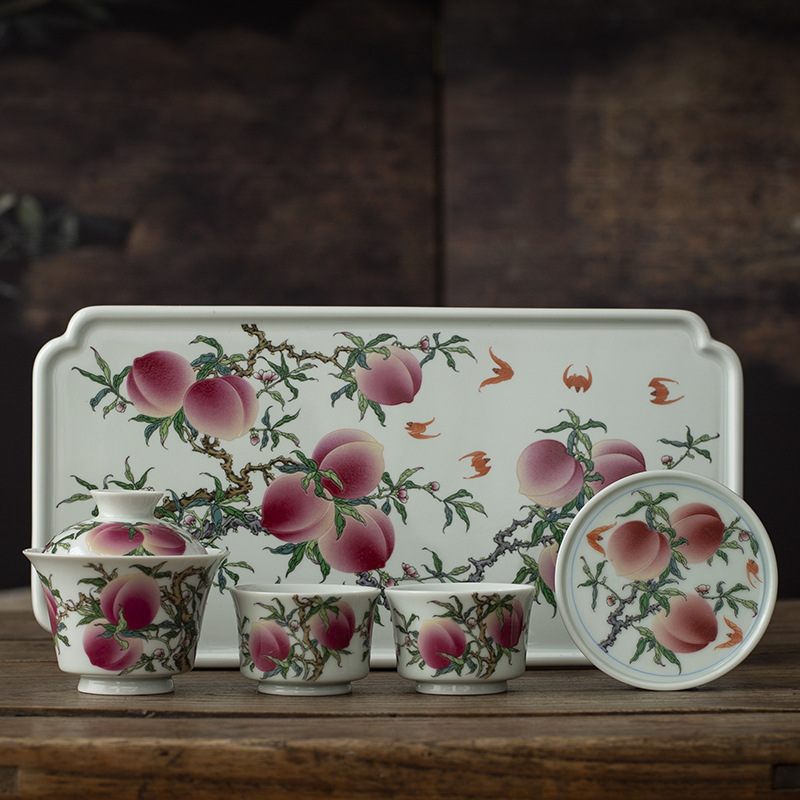 Jingdezhen Shoutao móng ngựa nắp bát cốc trà nhóm họp văn phòng bát pha trà gốm sứ đĩa bong bóng khô bộ trà cao cấp