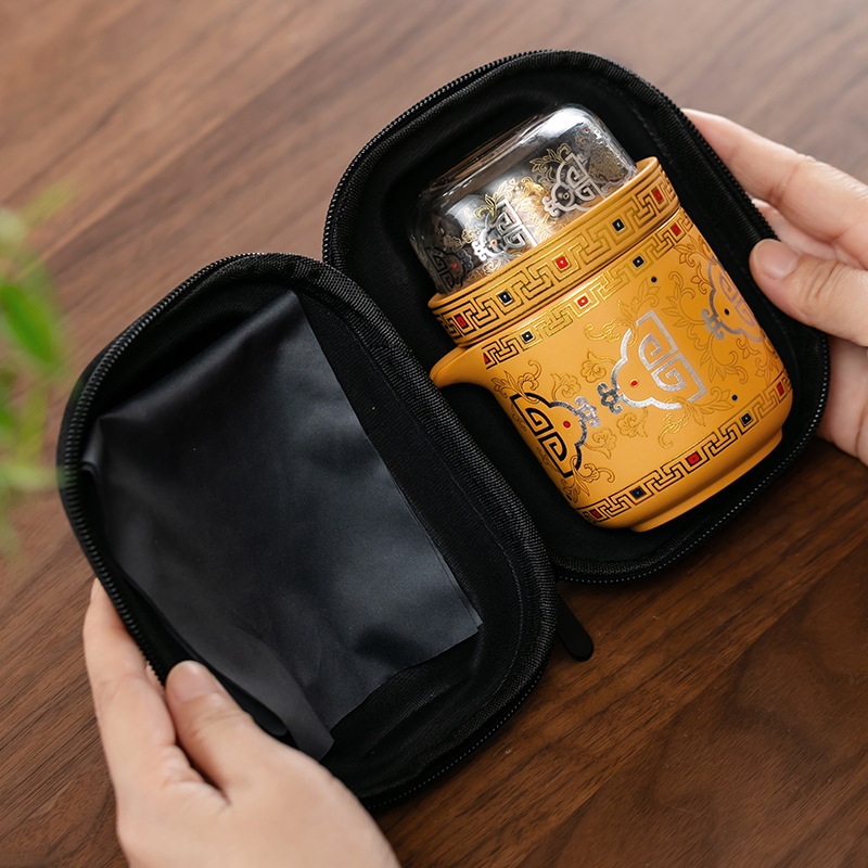 Bộ ấm chén du lịch văn hóa và sáng tạo Đôn Hoàng, chất liệu đất sét vàng tím, kiểu dáng cắm trại ngoài trời, tiện mang theo, ly nhỏ gọn