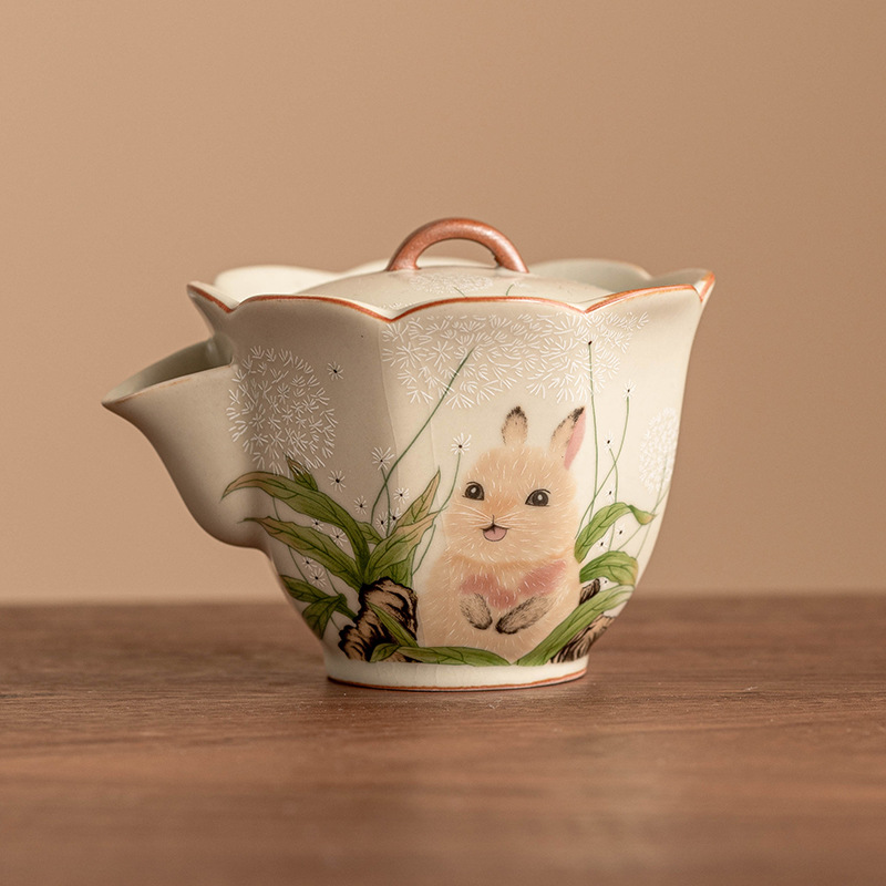Ấm cầm tay lò Ru thỏ dễ thương vẽ tay ấm trà Kung Fu cao cấp Trung Quốc ấm đơn Bộ trà gốm sứ có thể mở được ấm pha trà